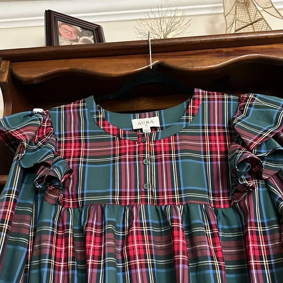 AURA Black/Red/Blue/White Plaid Tiered Ruffle Empire Waist Dress, Medium, NWT. - Picture 4 of 9